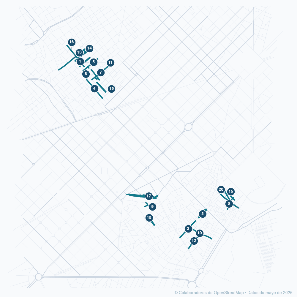 Mapa de Barcelona con las 20 calles con más paso de gente resaltadas y numeradas según su puesto