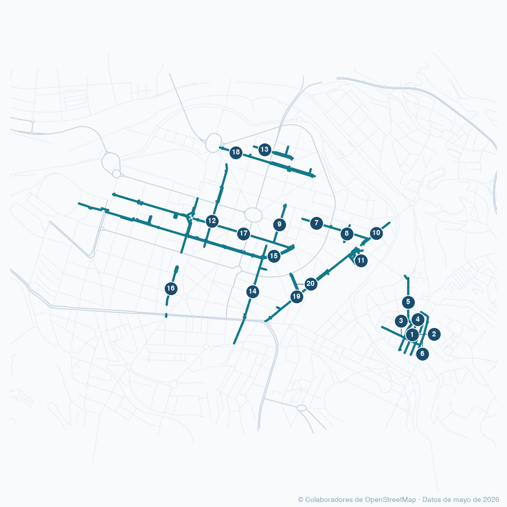 Mapa de Bilbao con las 20 calles con más paso de gente resaltadas y numeradas según su puesto