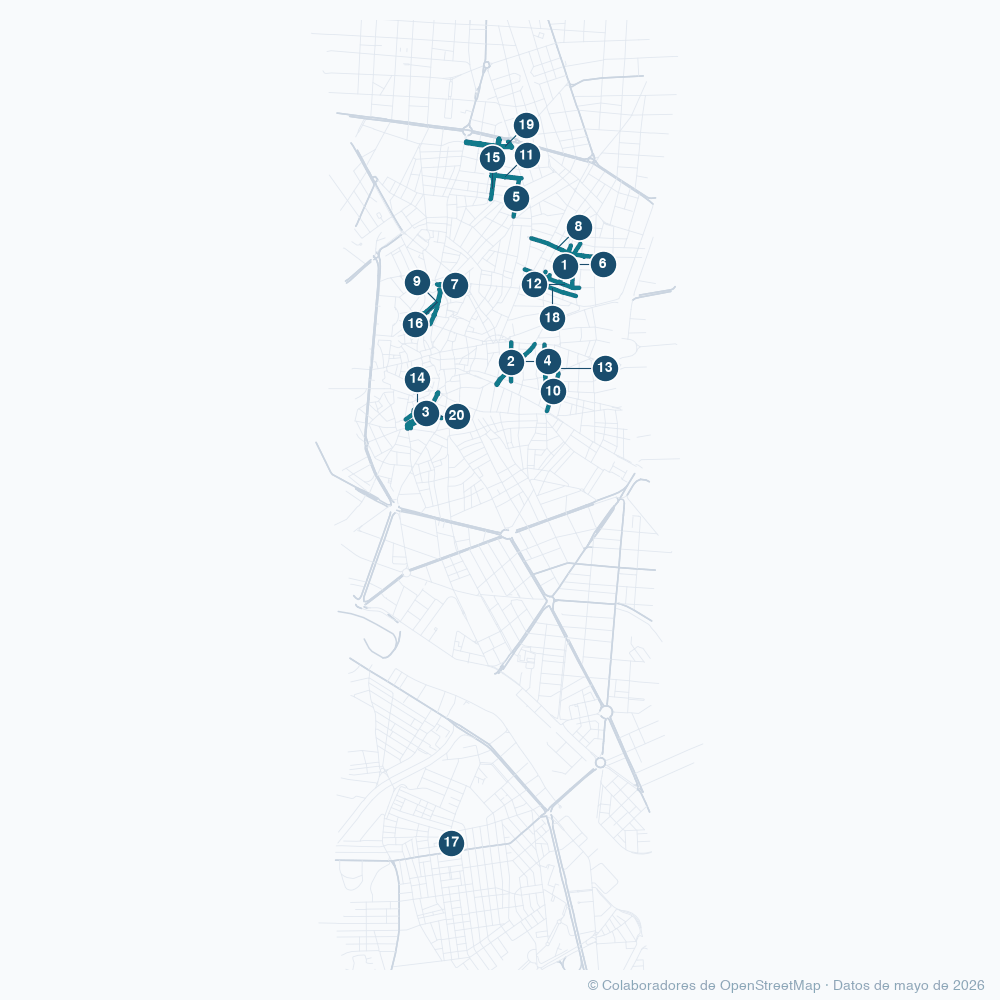 Mapa de Madrid con las 20 calles con más paso de gente resaltadas y numeradas según su puesto