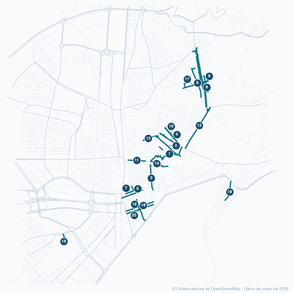 Mapa de Málaga con las 20 calles con más paso de gente resaltadas y numeradas según su puesto