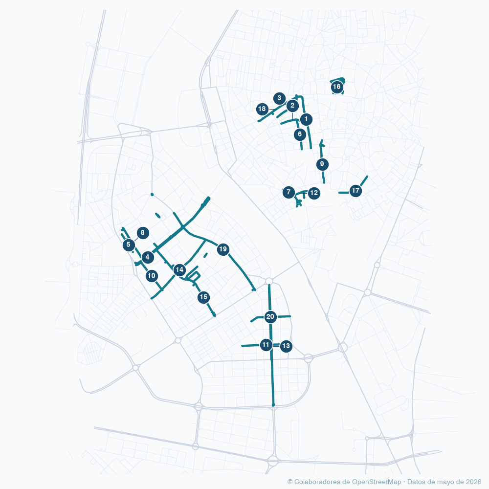 Mapa de Sevilla con las 20 calles con más paso de gente resaltadas y numeradas según su puesto
