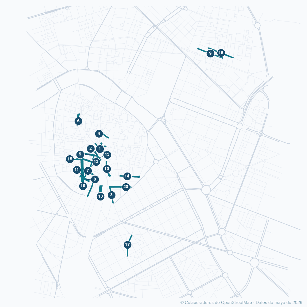 Mapa de Valencia con las 20 calles con más paso de gente resaltadas y numeradas según su puesto