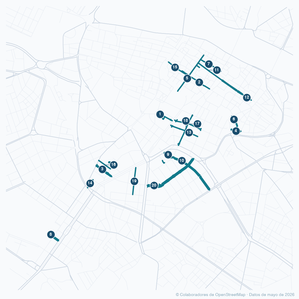 Mapa de Zaragoza con las 20 calles con más paso de gente resaltadas y numeradas según su puesto